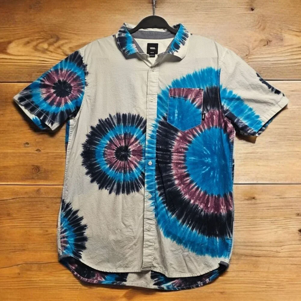 VANS Mens Tie Dye Hippie Surfer Skate Hawaiian Beach Shirt Medium Button Front - Picture 2 of 10